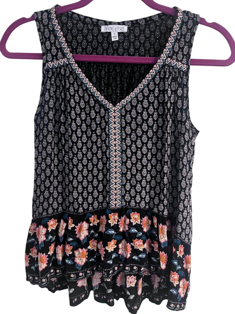 Patrons of Peace womens sleeveless top sz S boho hi low hem ruffle v neck